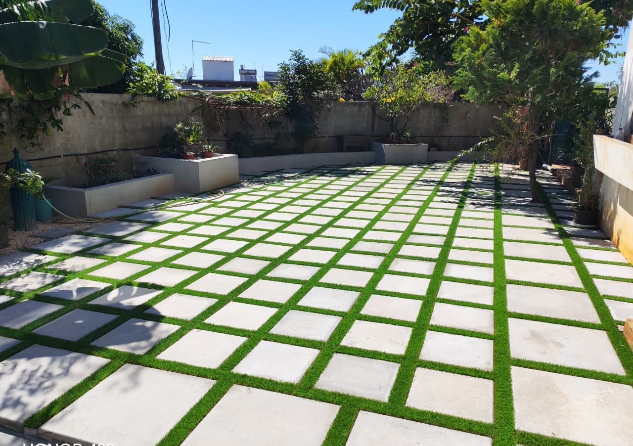 Square slab patio, overhead view